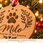 CherishMark pet remembrance Christmas ornament: AI-generated memorial design concept, not an actual product photograph or manufacturing proof. Props not included.