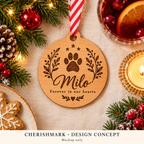CherishMark pet remembrance Christmas ornament: AI-generated memorial design concept, not an actual product photograph or manufacturing proof. Props not included.