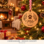 CherishMark pet remembrance Christmas ornament: AI-generated memorial design concept, not an actual product photograph or manufacturing proof. Props not included.