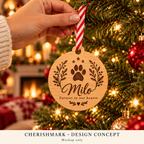 CherishMark pet remembrance Christmas ornament: AI-generated memorial design concept, not an actual product photograph or manufacturing proof. Props not included.