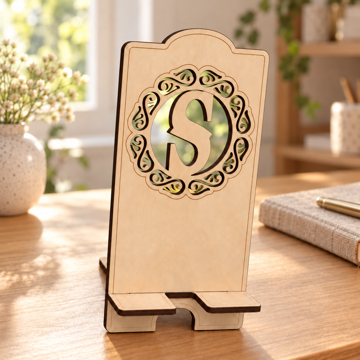 Digital lifestyle visualisation of the natural wooden phone stand with a custom initial example; desk props not included.