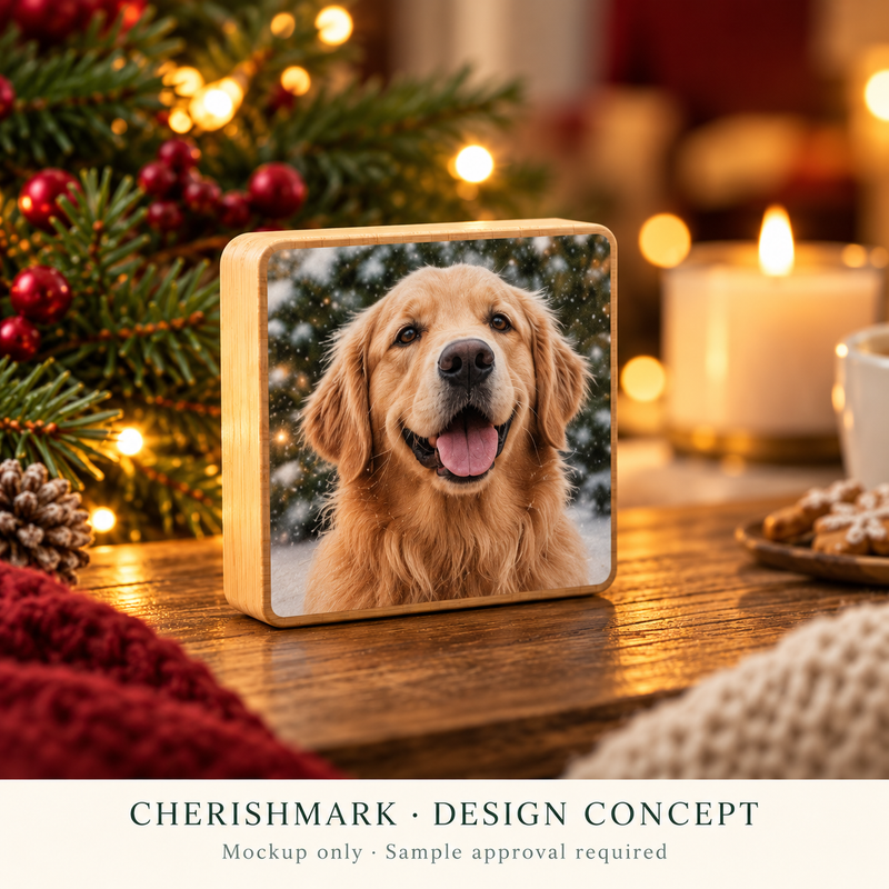 Original photo-block personalised product design concept; AI-generated mockup, not a finished-product photograph.