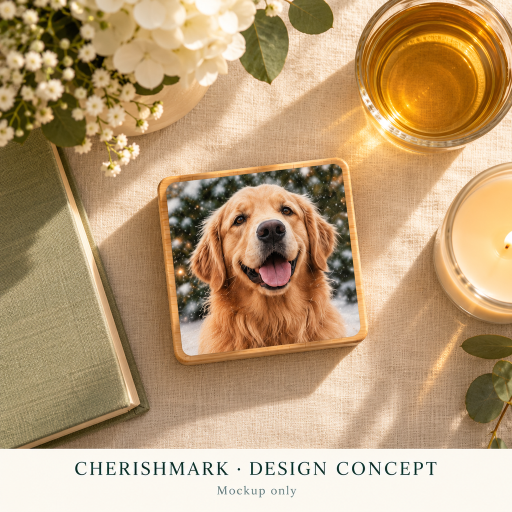 CherishMark photo-block: original AI-generated design concept, not an actual product photograph, manufacturing proof or physical scale reference. Styling props not included.