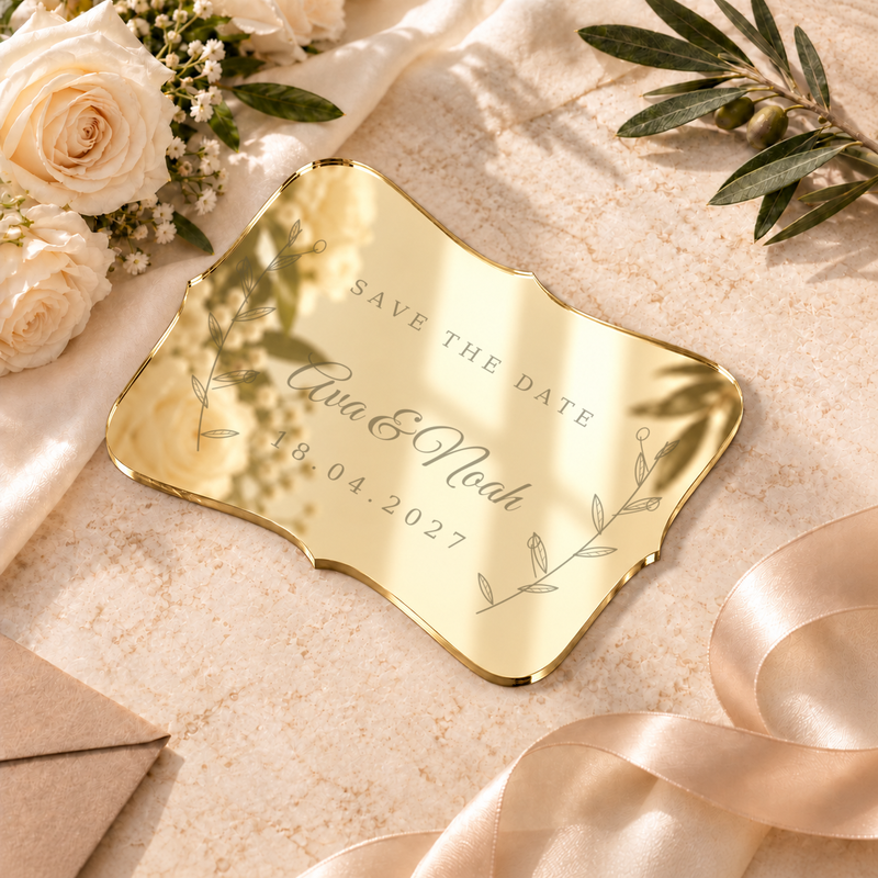 Digital lifestyle visualisation of royal-style save-the-date card in mirror gold; exact original engraving; styling props not included.