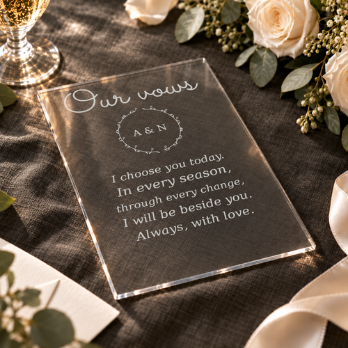 Digital oblique detail visualisation of clear acrylic wedding vows; exact original engraving; wooden base not pictured.