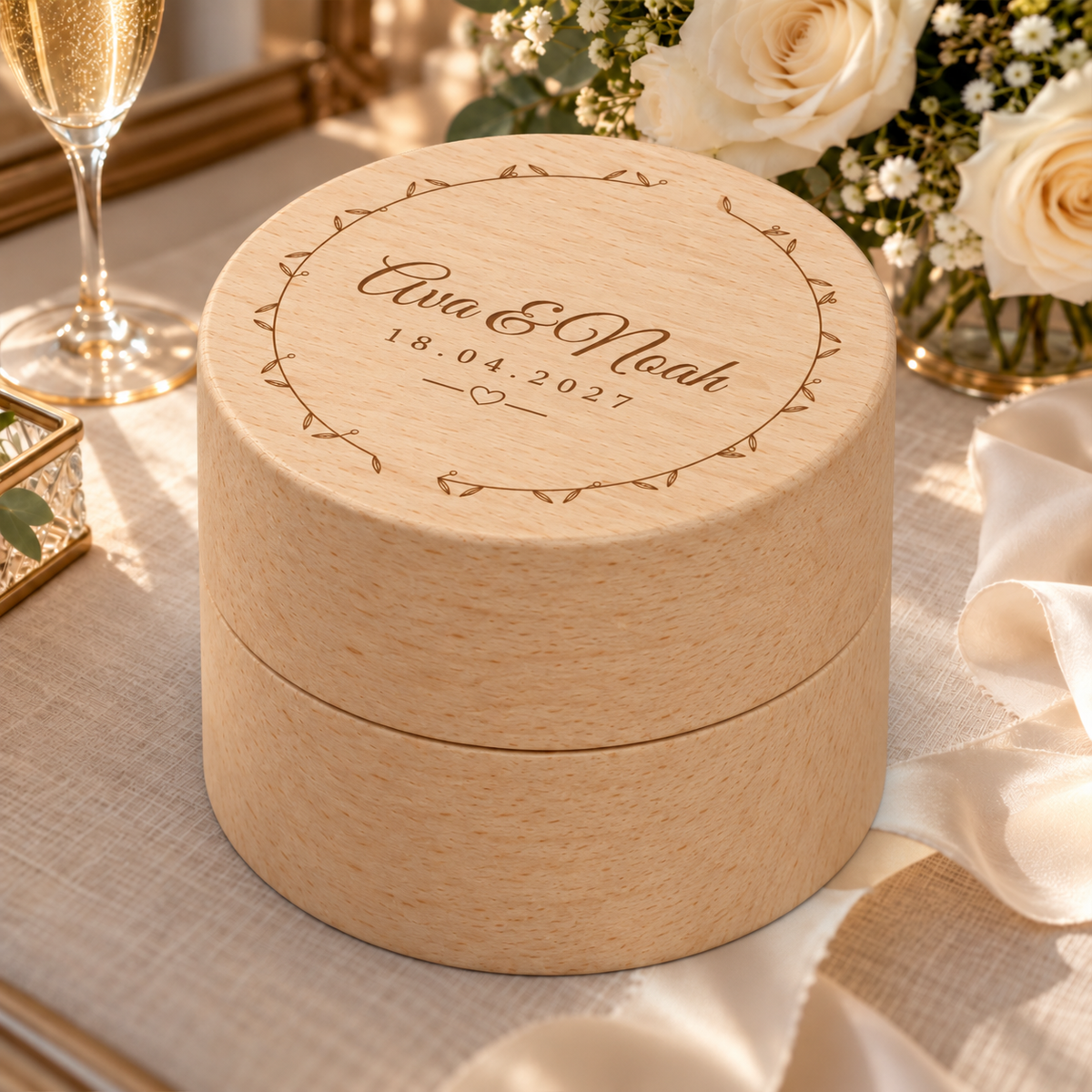 Digital detail visualisation of the closed personalised wooden ring box, showing engraved lid, natural wood grain and lid seam; interior not shown.