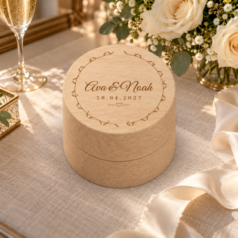 Digital lifestyle visualisation of the personalised closed wooden ring box with natural wood grain and engraved Ava and Noah lid; interior not shown.