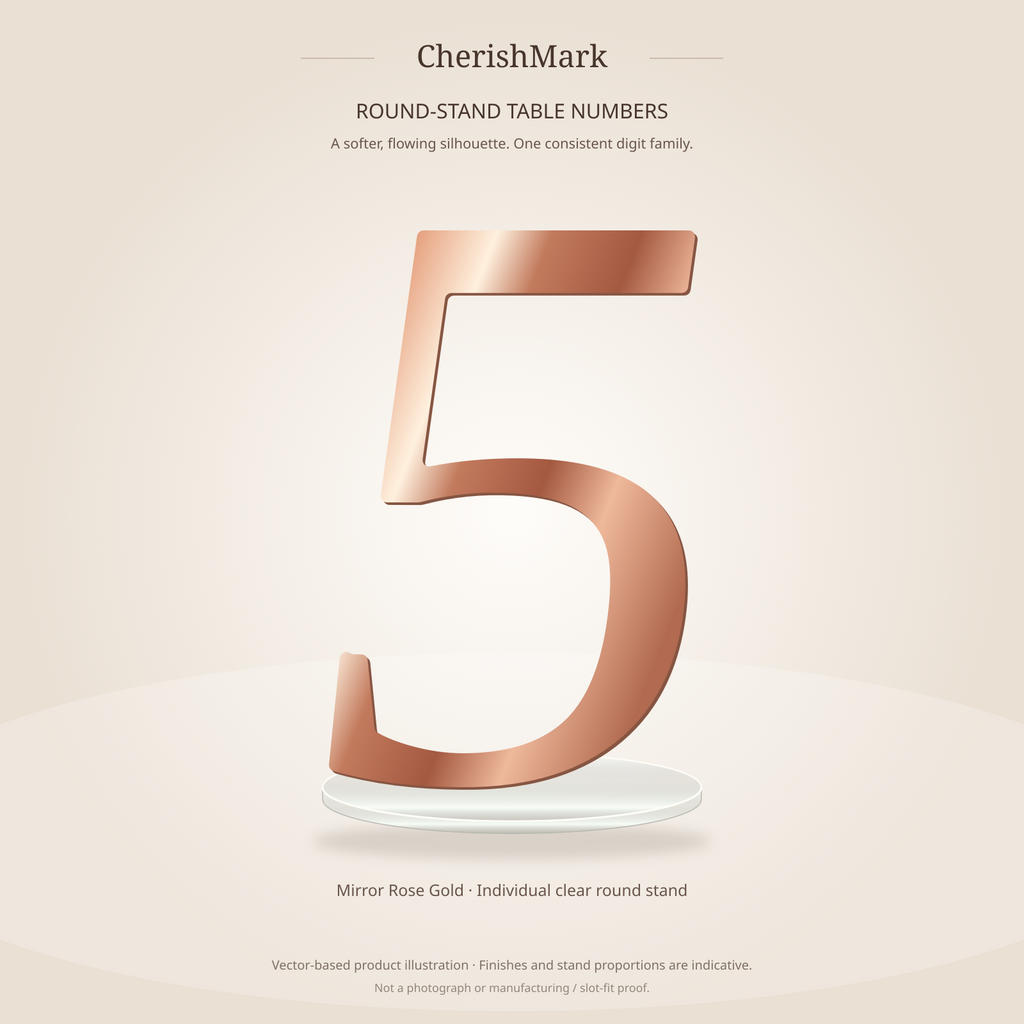 Refined mirror rose gold digit 5 on clear round stand, rendered from the locked reinforced vector master. Product illustration only; finish and stand proportions indicative, not a photograph or manufacturing/slot-fit proof.