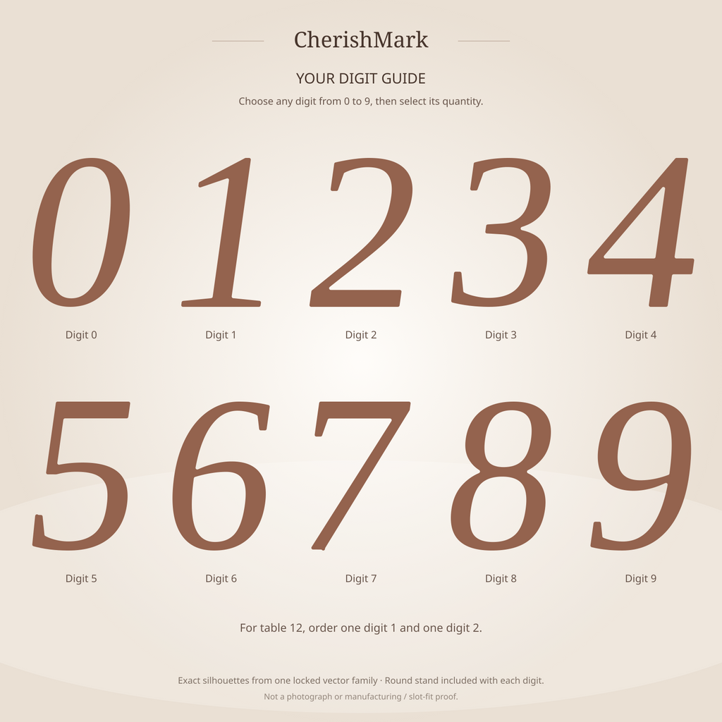 Complete refined digit family 0 to 9, exact silhouettes from locked vector masters; select digit and quantity. Product illustration only; finish and stand proportions indicative, not a photograph or manufacturing/slot-fit proof.