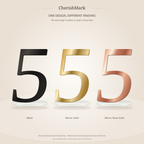 Identical refined digit 5 in Black, Mirror Gold and Mirror Rose Gold on individual round stands. Product illustration only; finish and stand proportions indicative, not a photograph or manufacturing/slot-fit proof.