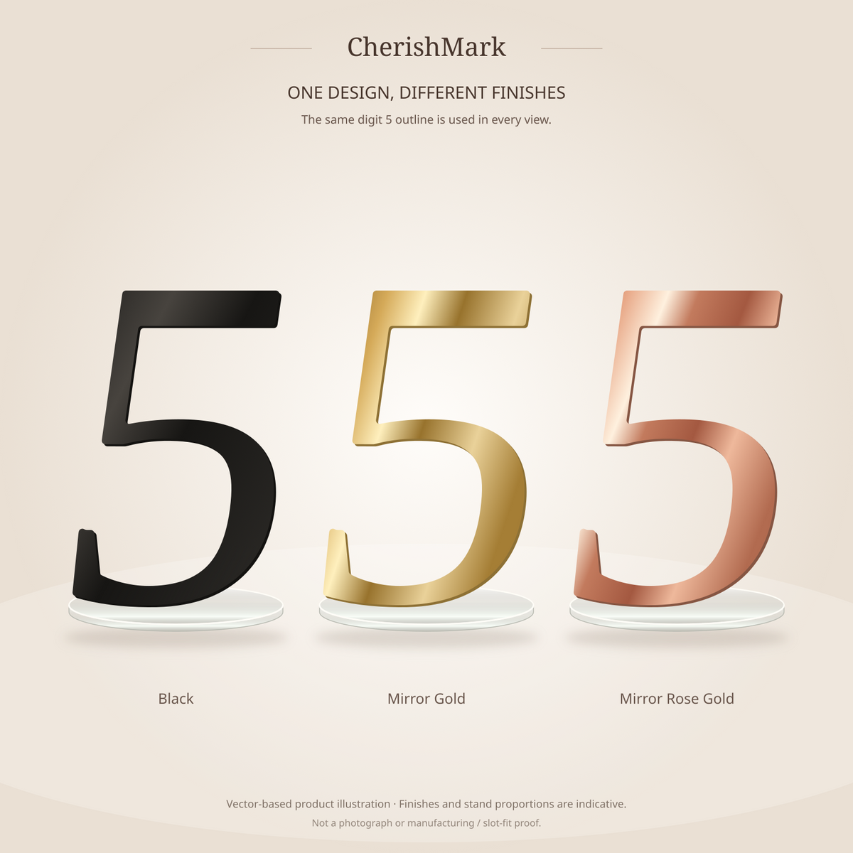 Identical refined digit 5 in Black, Mirror Gold and Mirror Rose Gold on individual round stands. Product illustration only; finish and stand proportions indicative, not a photograph or manufacturing/slot-fit proof.