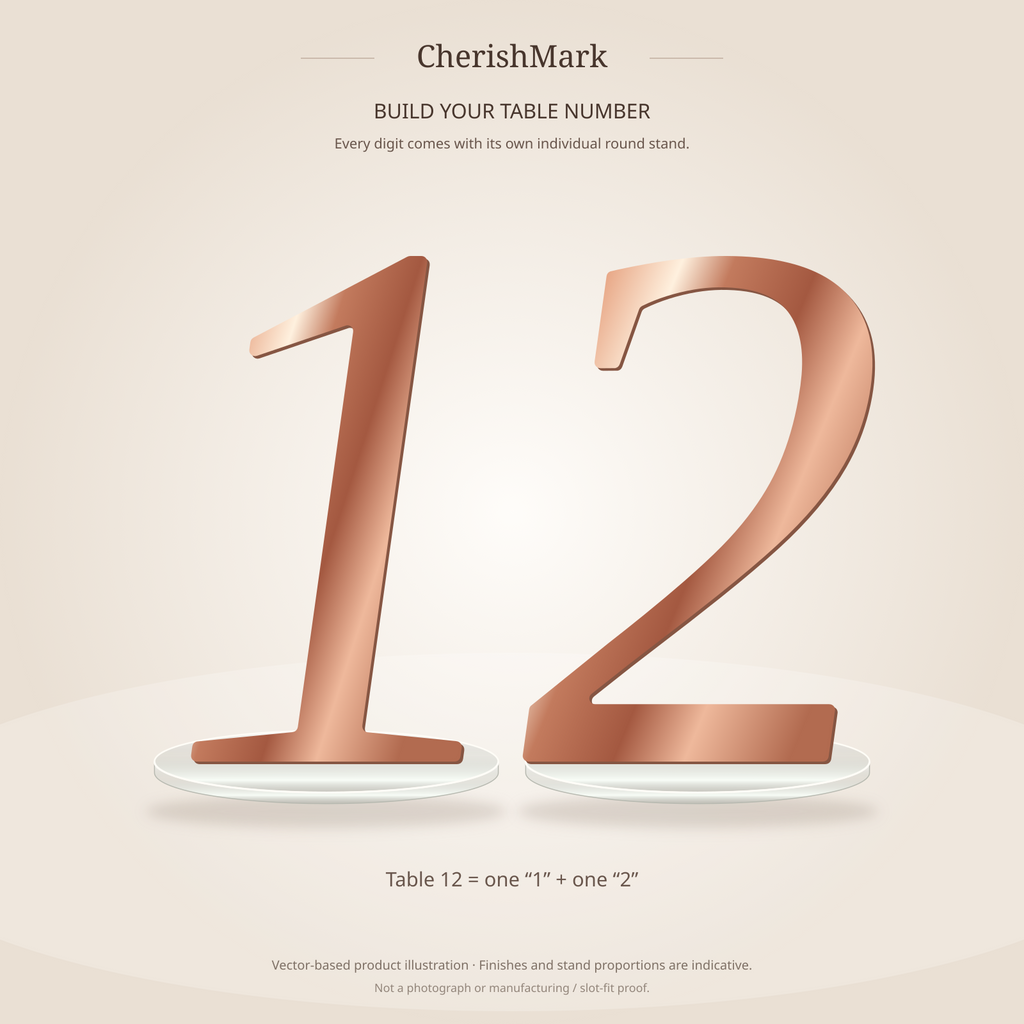 Table number 12 made from separate digits 1 and 2, each on an individual round stand. Product illustration only; finish and stand proportions indicative, not a photograph or manufacturing/slot-fit proof.