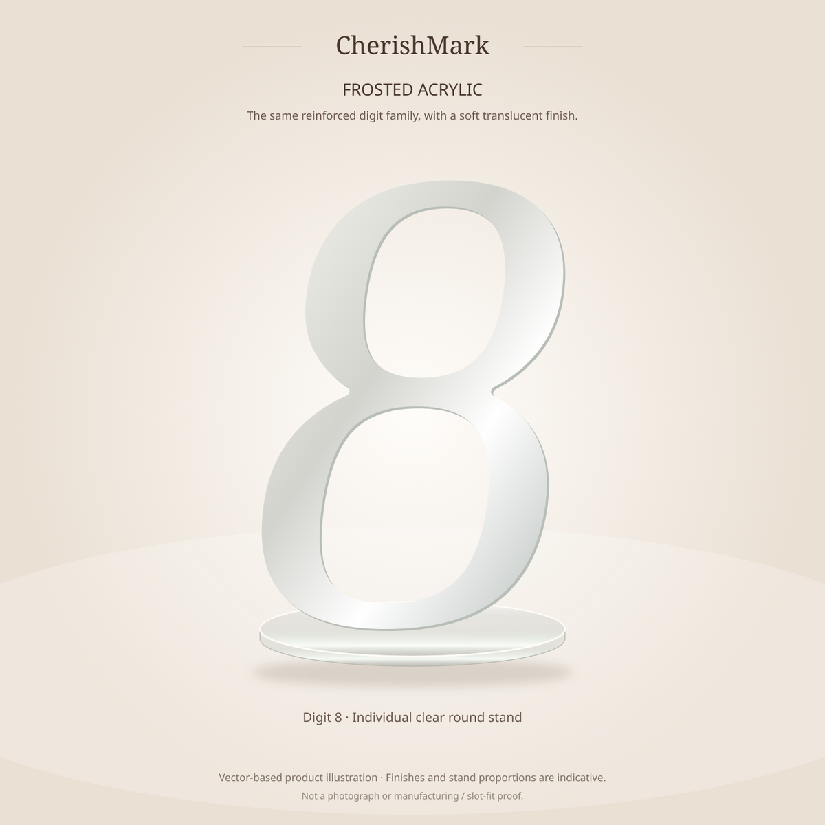 Frosted acrylic digit 8 on clear round stand, rendered from locked reinforced vector master. Product illustration only; finish and stand proportions indicative, not a photograph or manufacturing/slot-fit proof.
