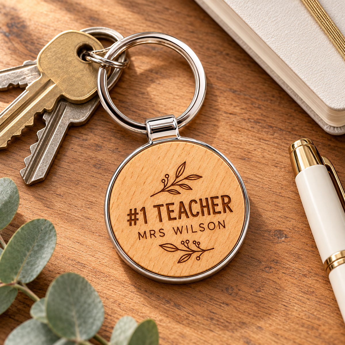 Round wooden keyring with teacher engraving in a styled desk scene; example personalisation