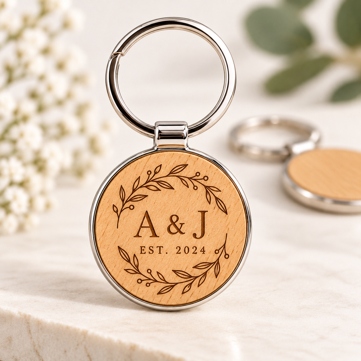 Round wooden keyring with initials and date engraving example