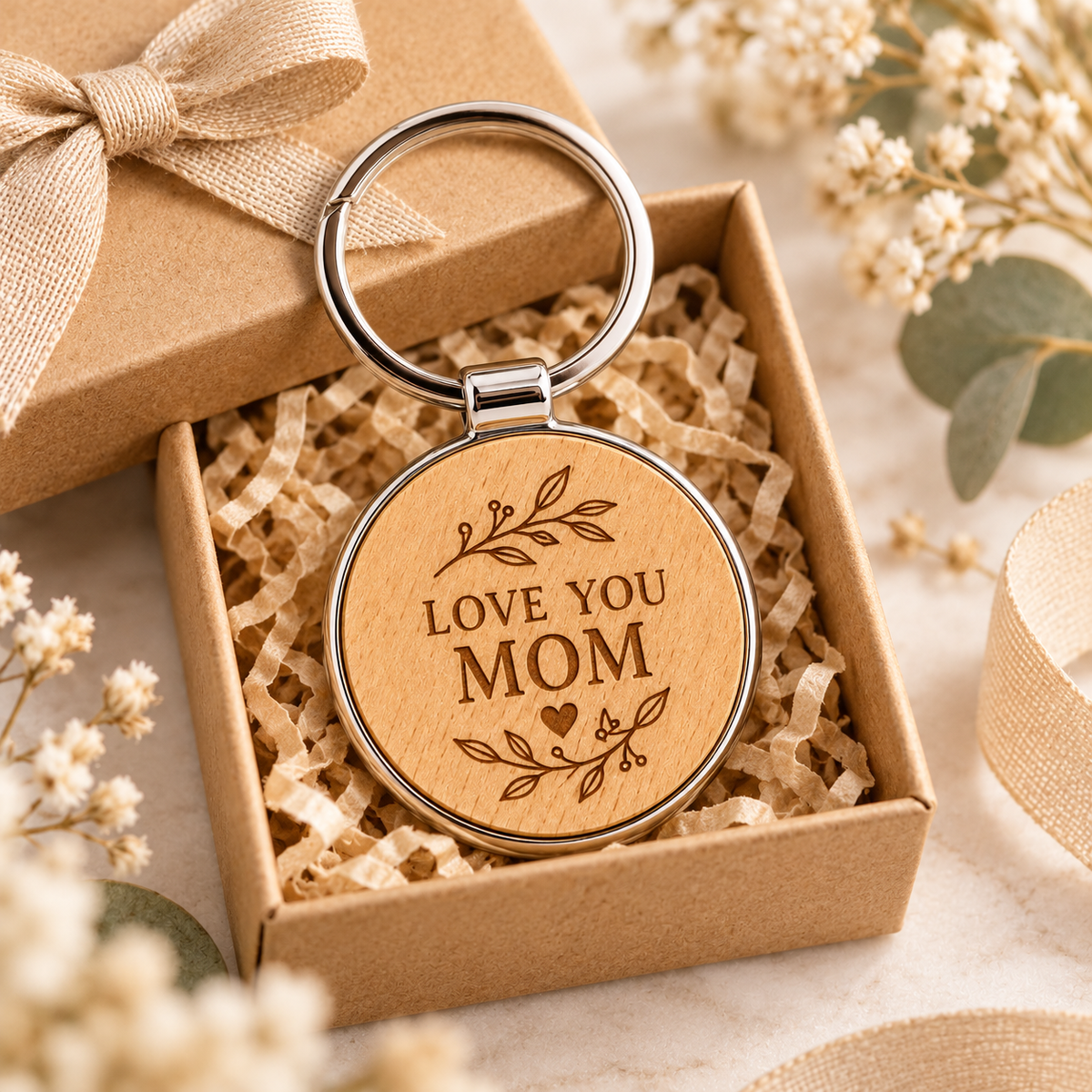 Wooden keyring with Love You Mom engraving in a styled gift-box scene; gift box not included