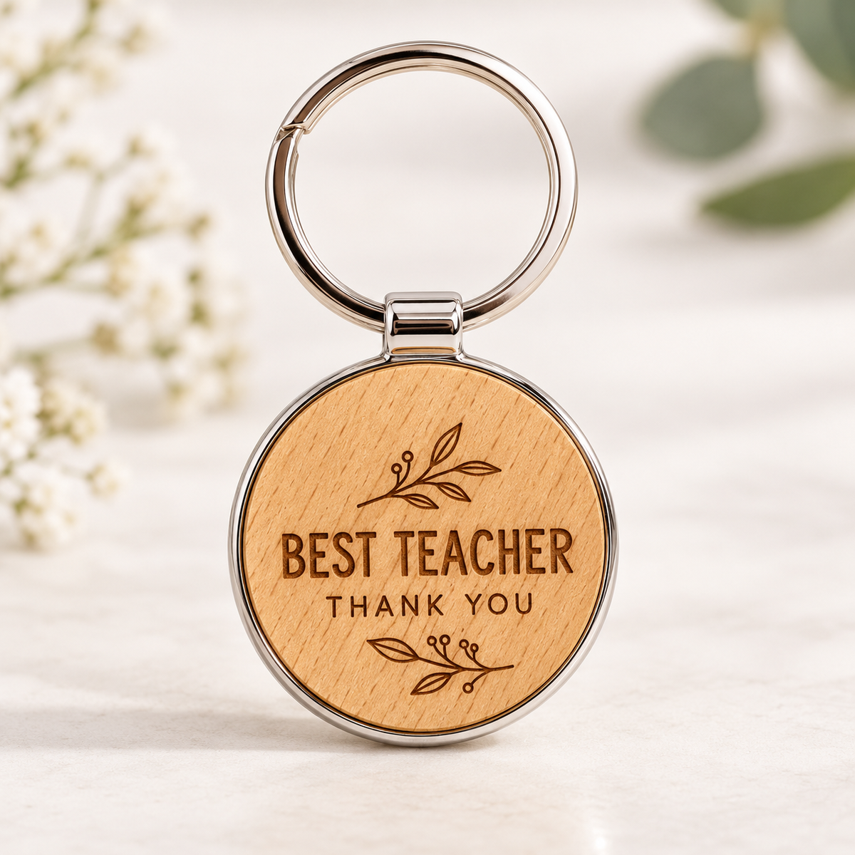 Round wooden keyring with a Best Teacher engraving example