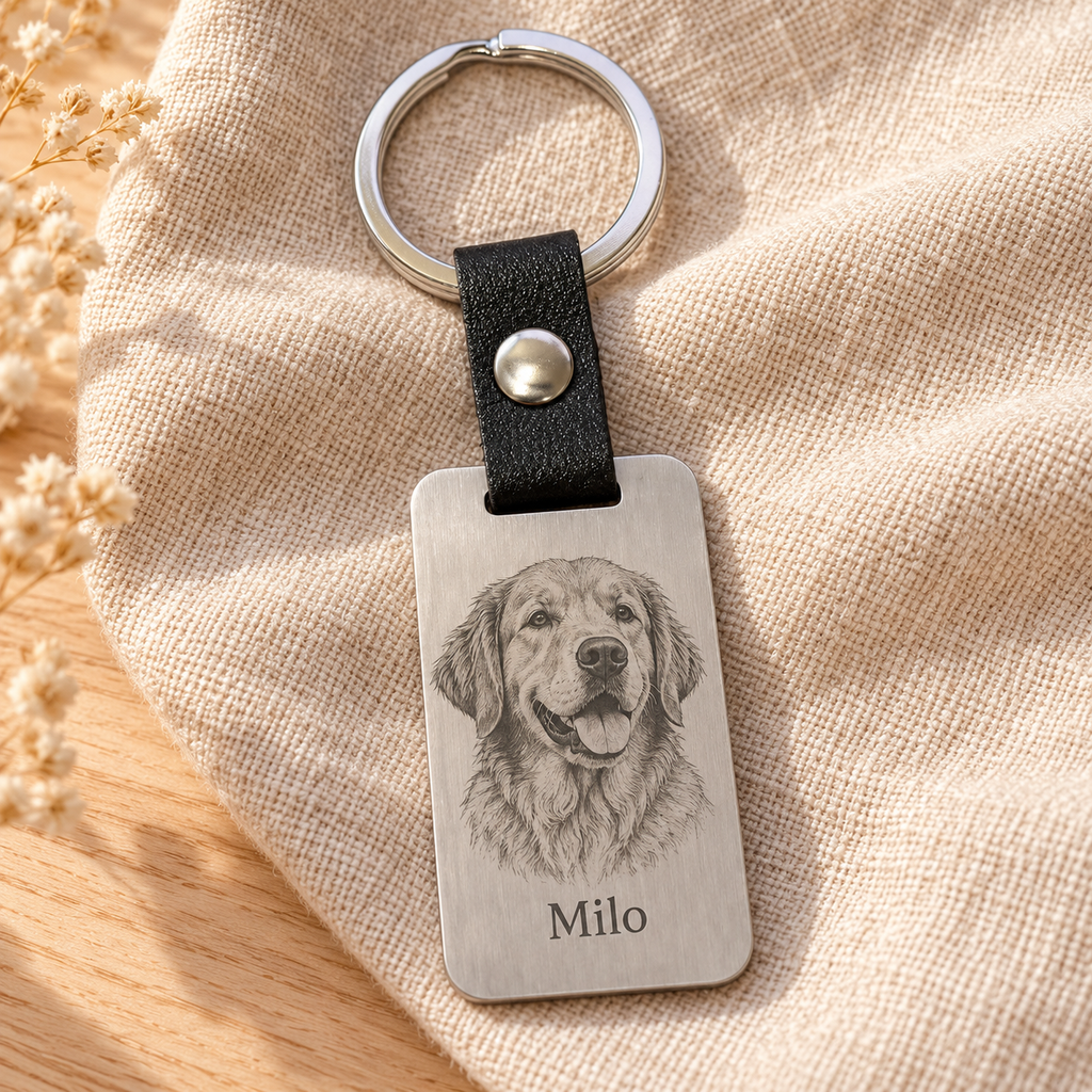 AI illustrative silver brushed stainless steel and black leather keyring: 01-cover-dog