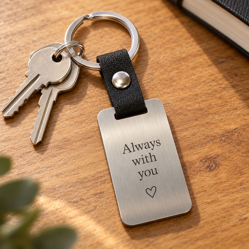AI illustrative silver brushed stainless steel and black leather keyring: 03-message