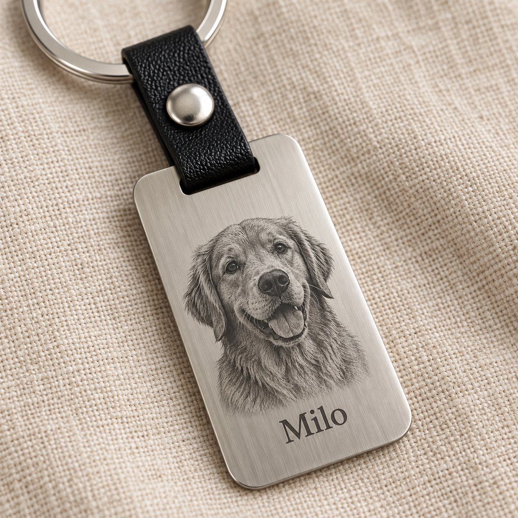 AI illustrative silver brushed stainless steel and black leather keyring: 04-detail