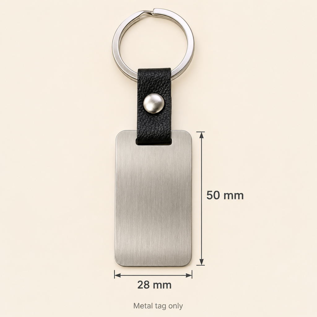 AI illustrative silver brushed stainless steel and black leather keyring: 05-dimensions