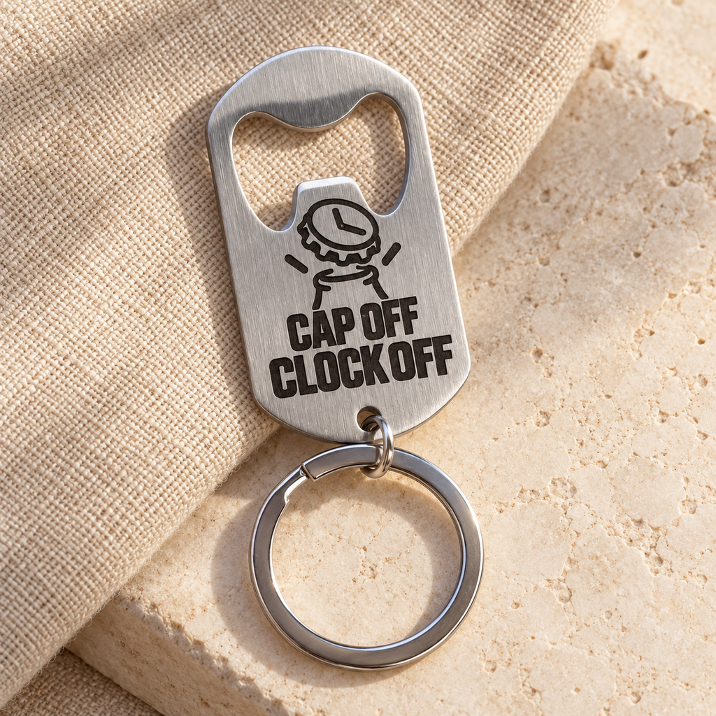 Silver brushed stainless steel bottle opener keyring, lifestyle cover; generated visualisation based on actual product photo, engraving examples; styling props not included
