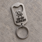 Silver brushed stainless steel bottle opener keyring, front angle; generated visualisation based on actual product photo, engraving examples; styling props not included