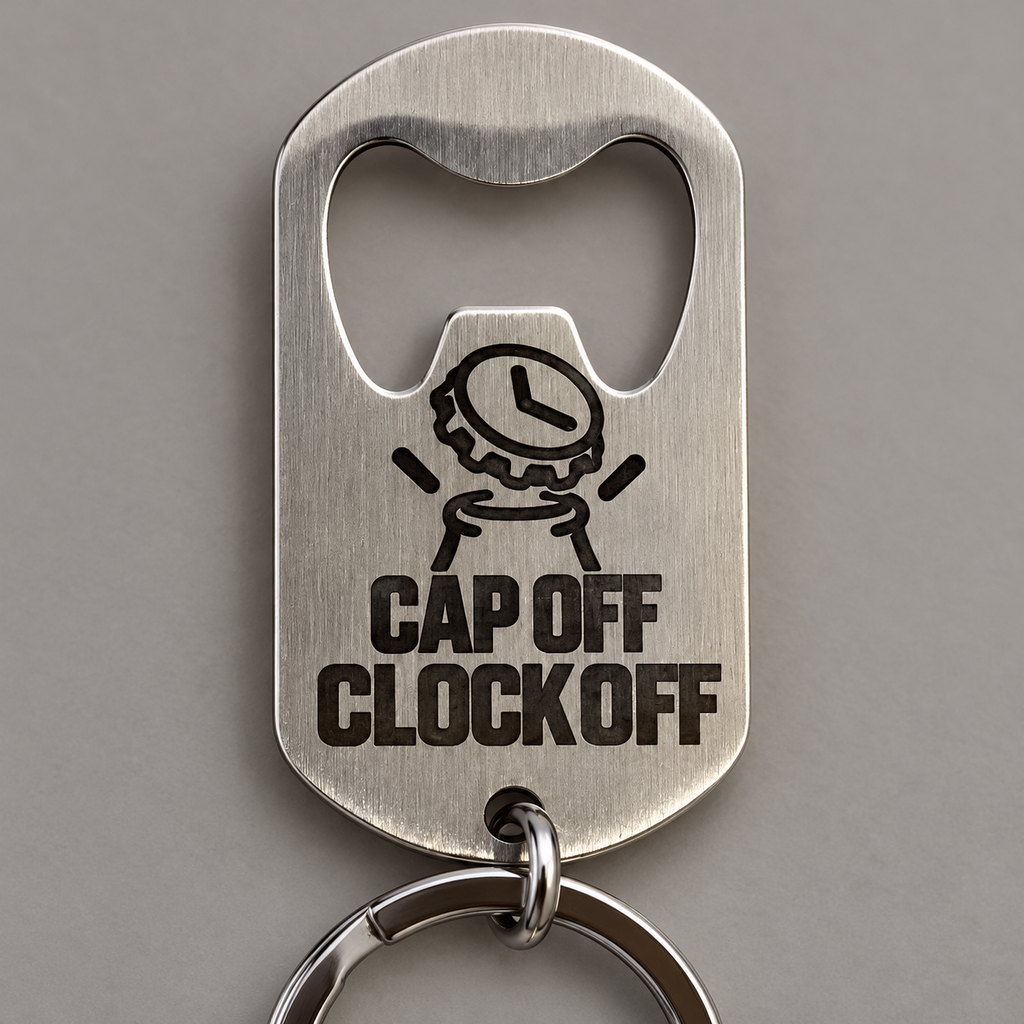 Silver brushed stainless steel bottle opener keyring, engraving detail; generated visualisation based on actual product photo, engraving examples; styling props not included