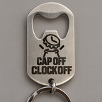 Silver brushed stainless steel bottle opener keyring, engraving detail; generated visualisation based on actual product photo, engraving examples; styling props not included