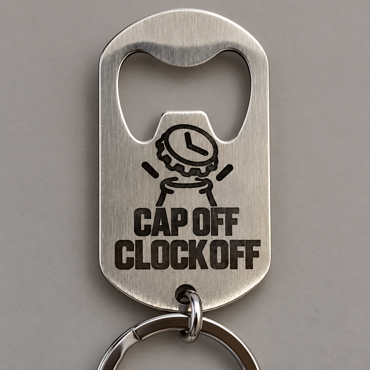 Silver brushed stainless steel bottle opener keyring, engraving detail; generated visualisation based on actual product photo, engraving examples; styling props not included