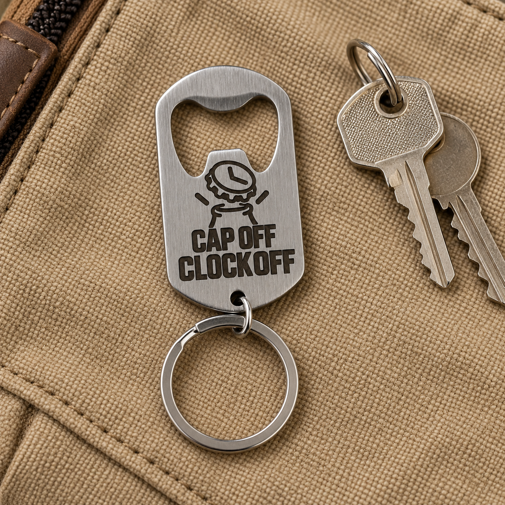 Silver brushed stainless steel bottle opener keyring, everyday carry; generated visualisation based on actual product photo, engraving examples; styling props not included