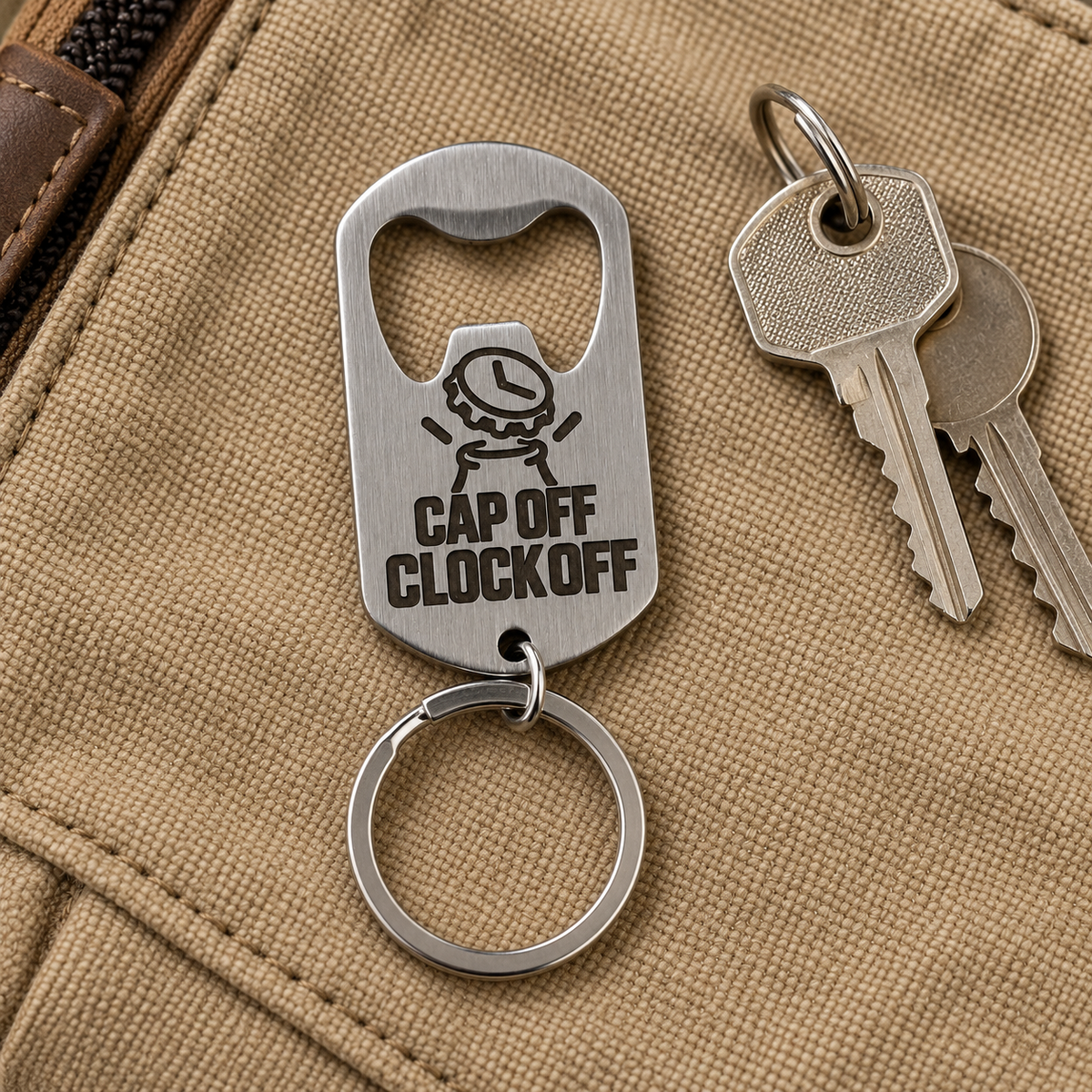 Silver brushed stainless steel bottle opener keyring, everyday carry; generated visualisation based on actual product photo, engraving examples; styling props not included