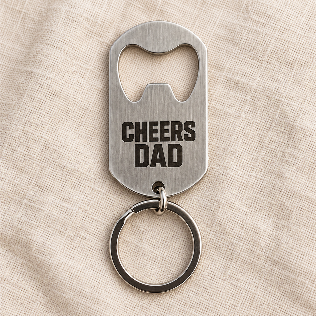 Silver brushed stainless steel bottle opener keyring, custom text example; generated visualisation based on actual product photo, engraving examples; styling props not included