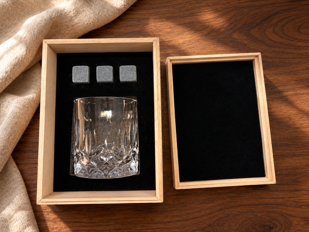 One whisky glass and three grey stones in a pale wooden gift box; lifestyle styling