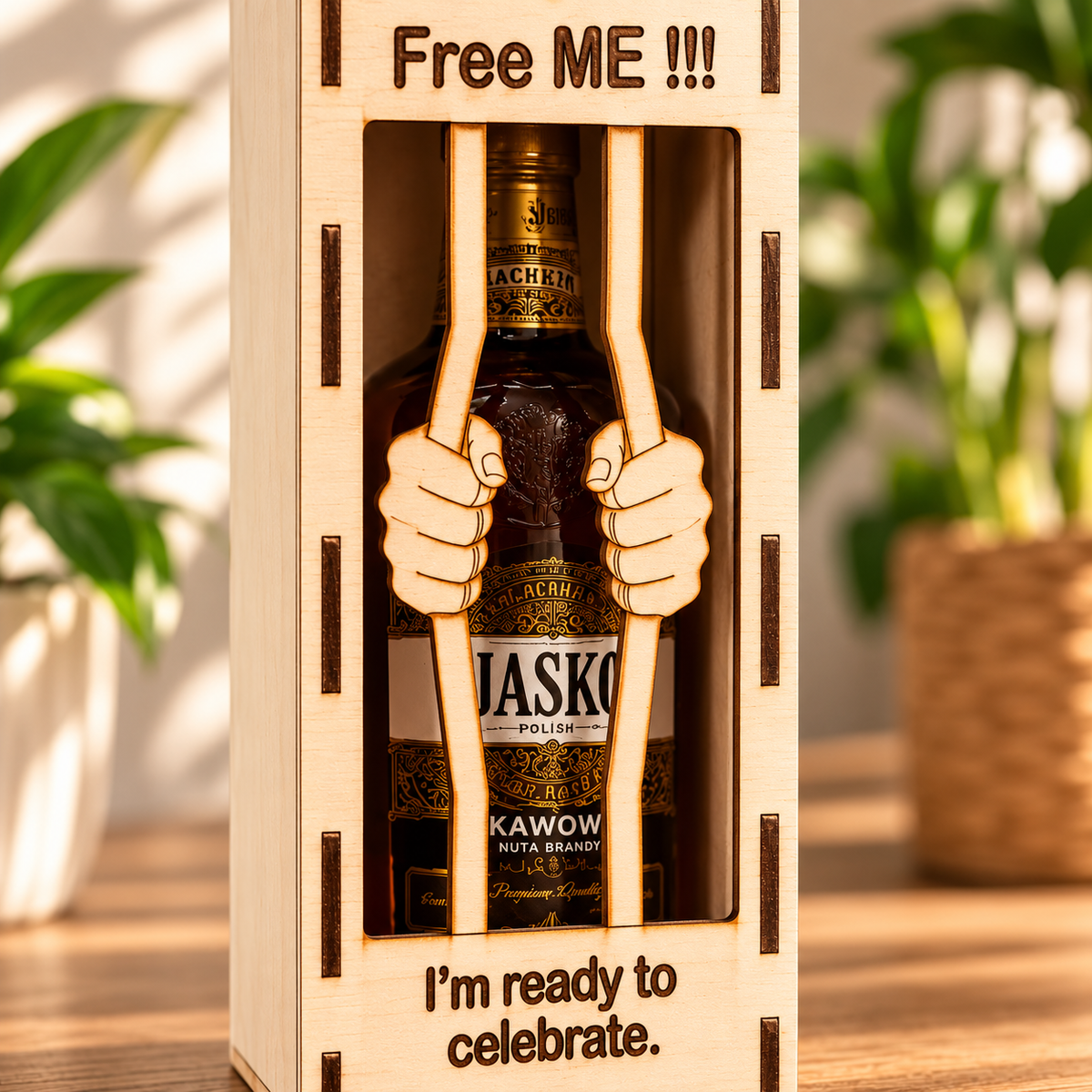 Spirits bottle jail gift box, detail view; bottle pictured for styling