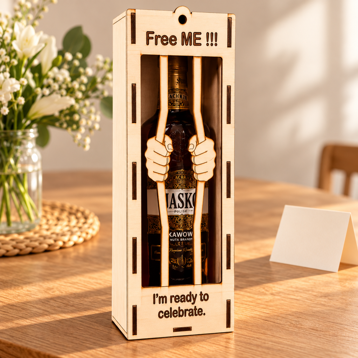 Spirits bottle jail gift box, gift view; bottle pictured for styling