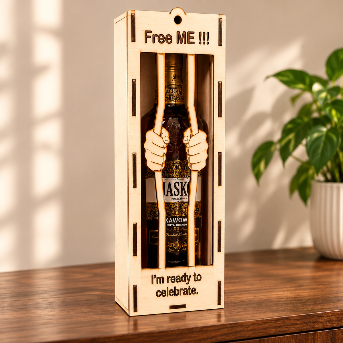 Spirits bottle jail gift box, hero view; bottle pictured for styling