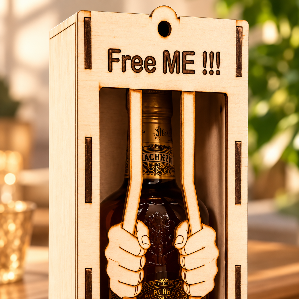 Spirits bottle jail gift box, top view; bottle pictured for styling