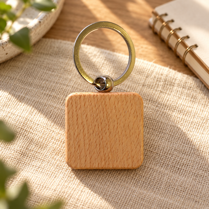 Square wooden keyring styled on linen; generated lifestyle visualisation, props not included
