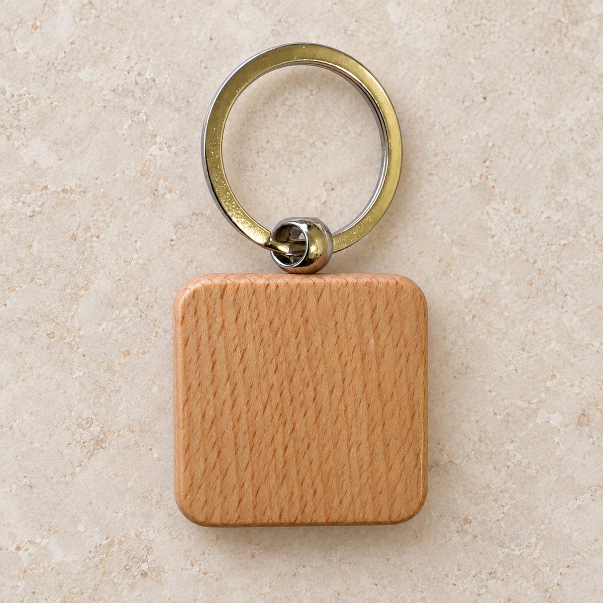 Square wooden keyring front view; generated photo-based visualisation