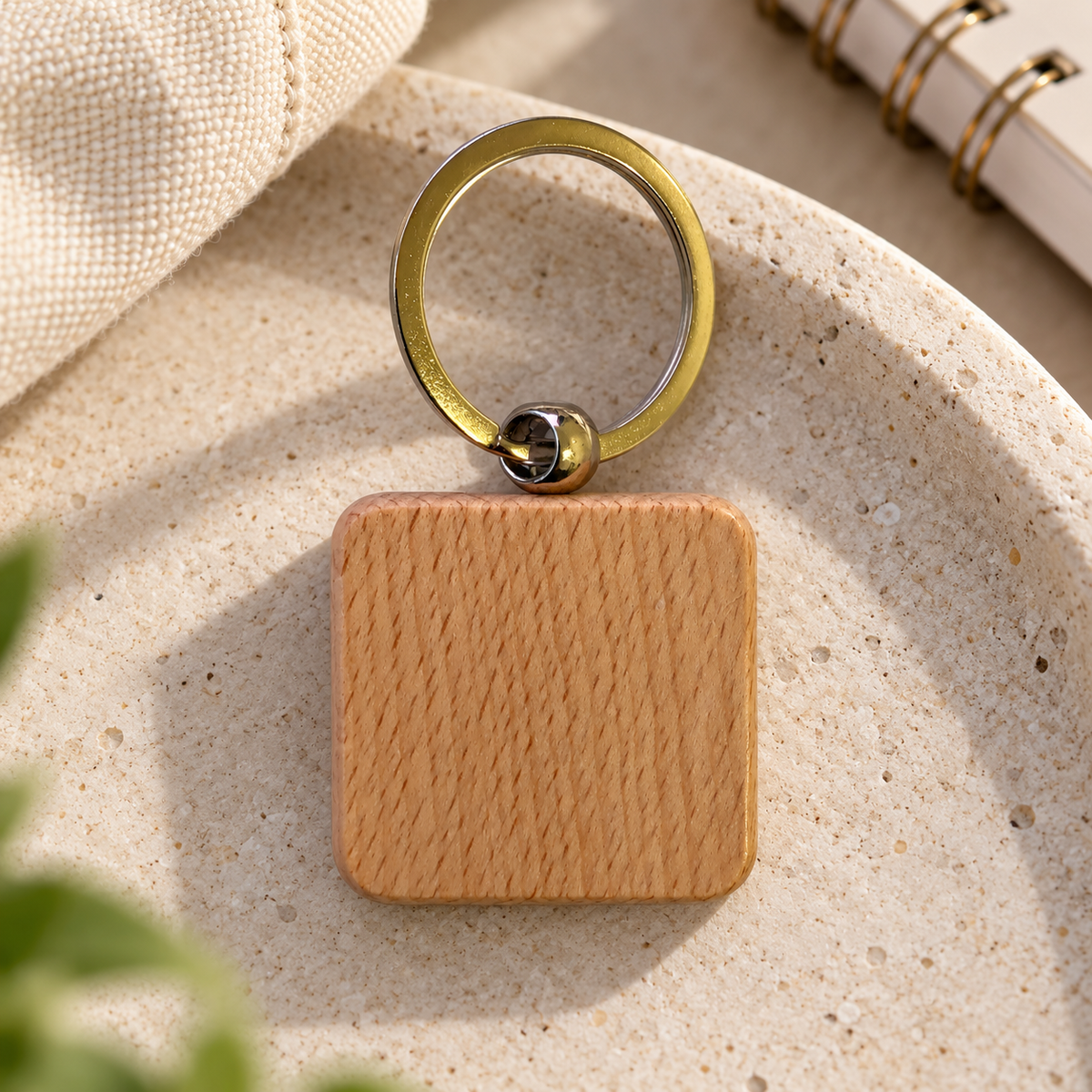 Square wooden keyring in an entryway setting; generated visualisation, props not included