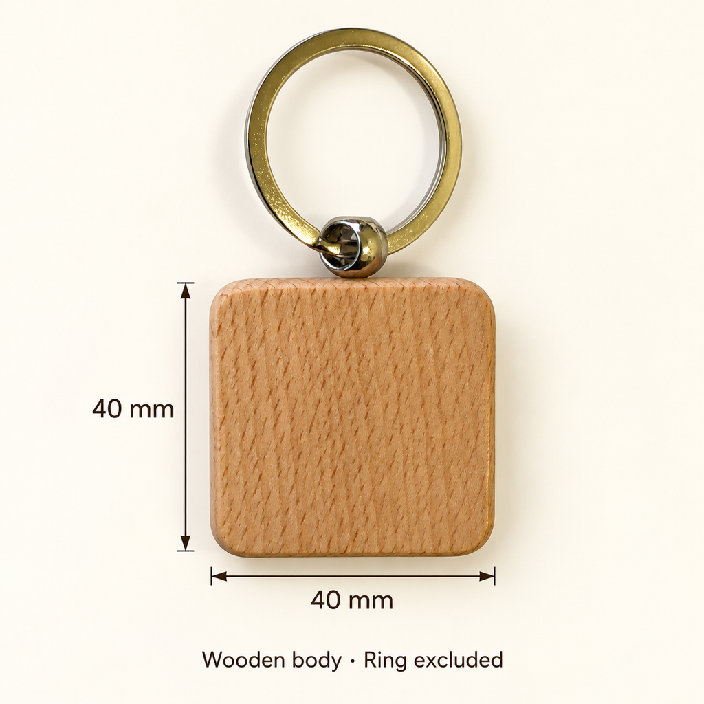 Square wooden keyring with verified 40 mm by 40 mm wooden-body dimensions, ring excluded