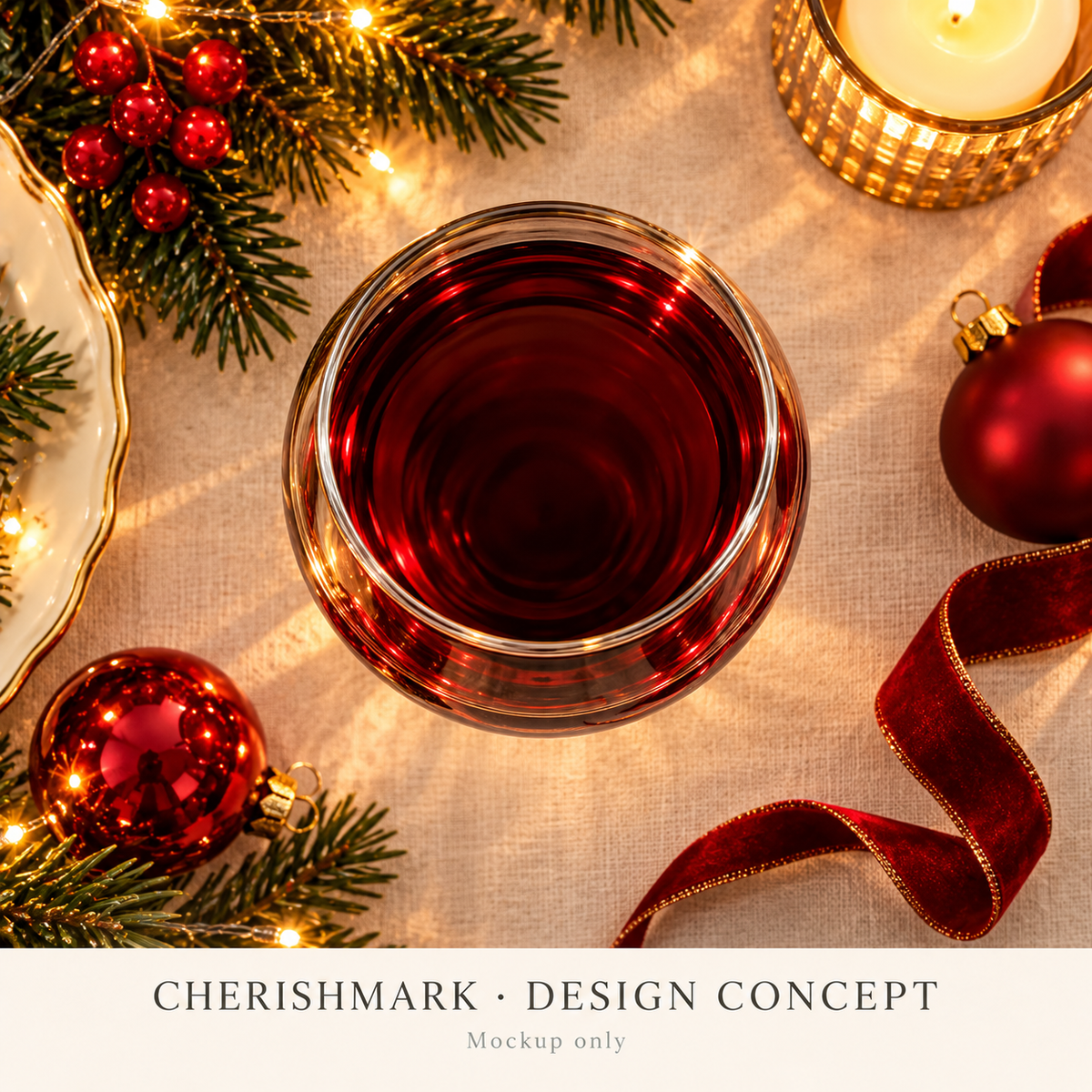 CherishMark stemless: original AI-generated Christmas design concept, not an actual product photograph or tested engraving sample. Physical scale illustrative; props not included.