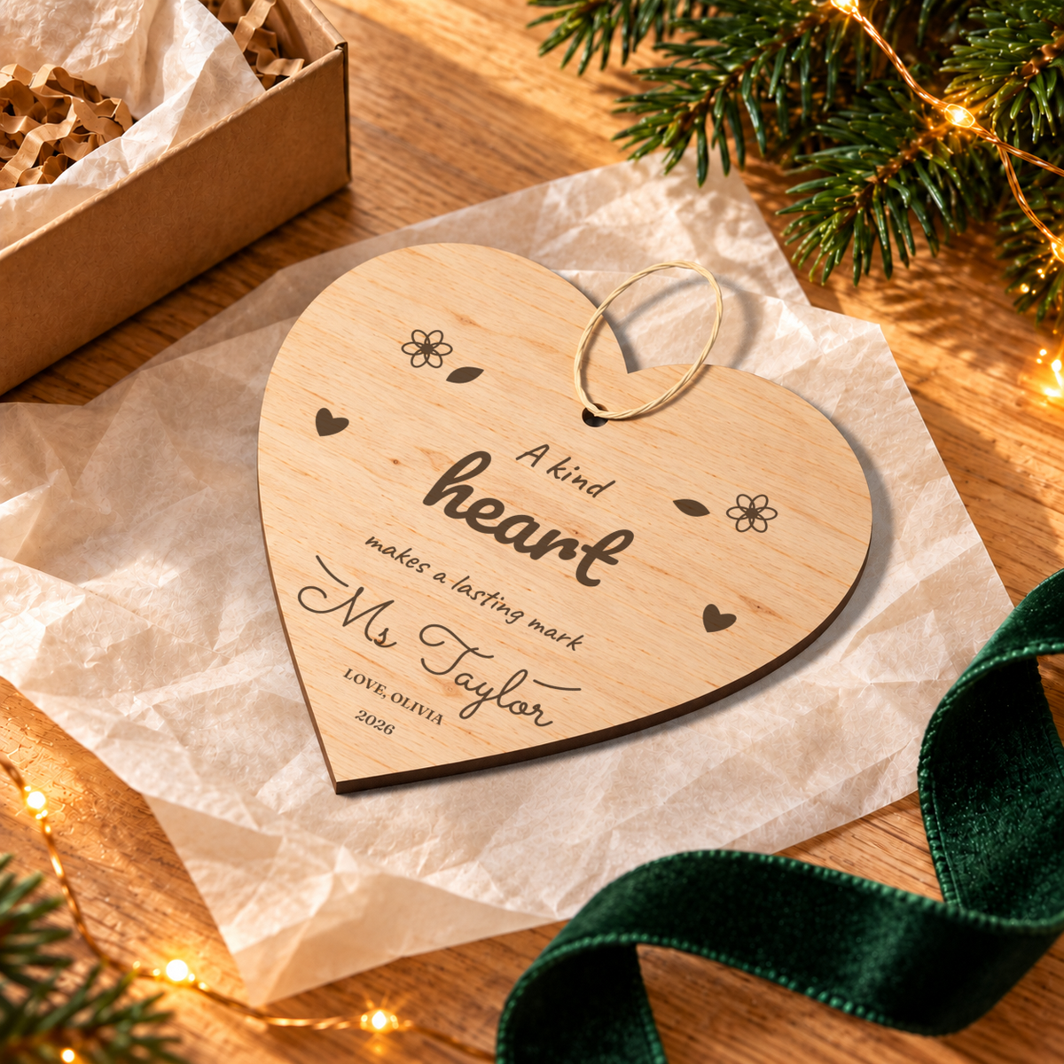 Digital lifestyle visualisation of the A Lasting Mark wooden teacher Christmas ornament, showing the original design with example personalisation; seasonal props not included.
