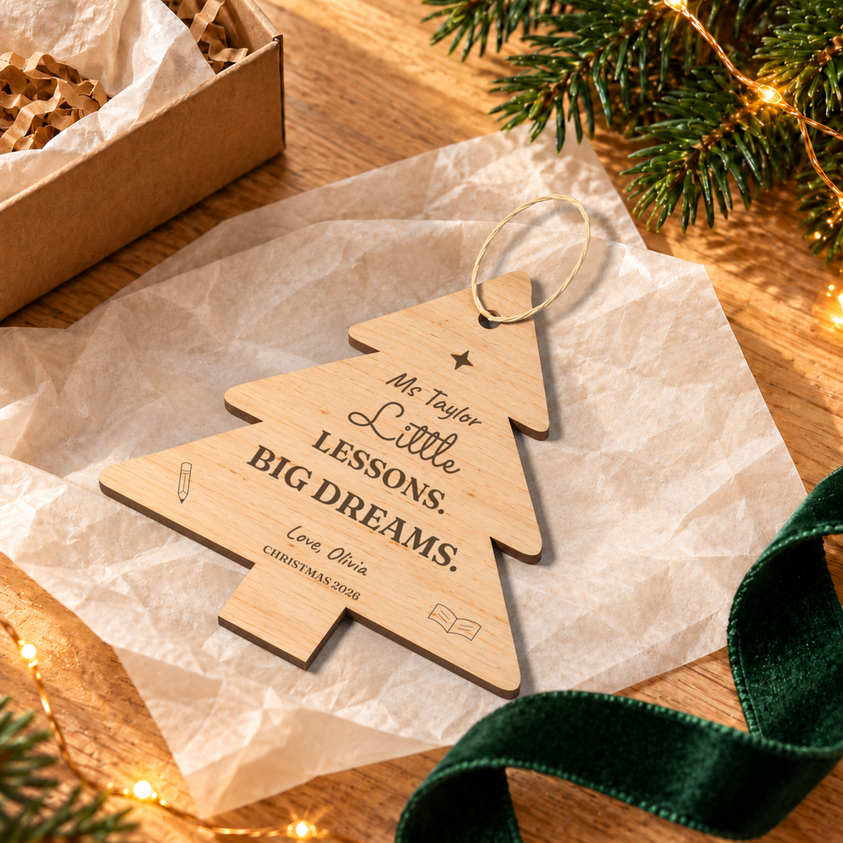 Digital lifestyle visualisation of the Little Lessons, Big Dreams wooden teacher Christmas ornament, showing the original design with example personalisation; seasonal props not included.