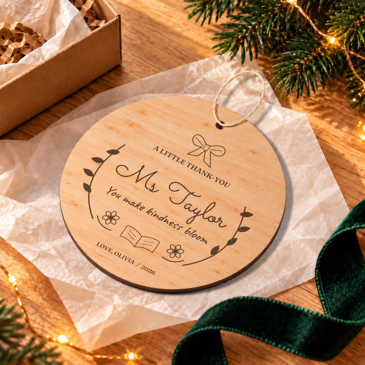Digital lifestyle visualisation of the Kindness in Bloom wooden teacher Christmas ornament, showing the original design with example personalisation; seasonal props not included.