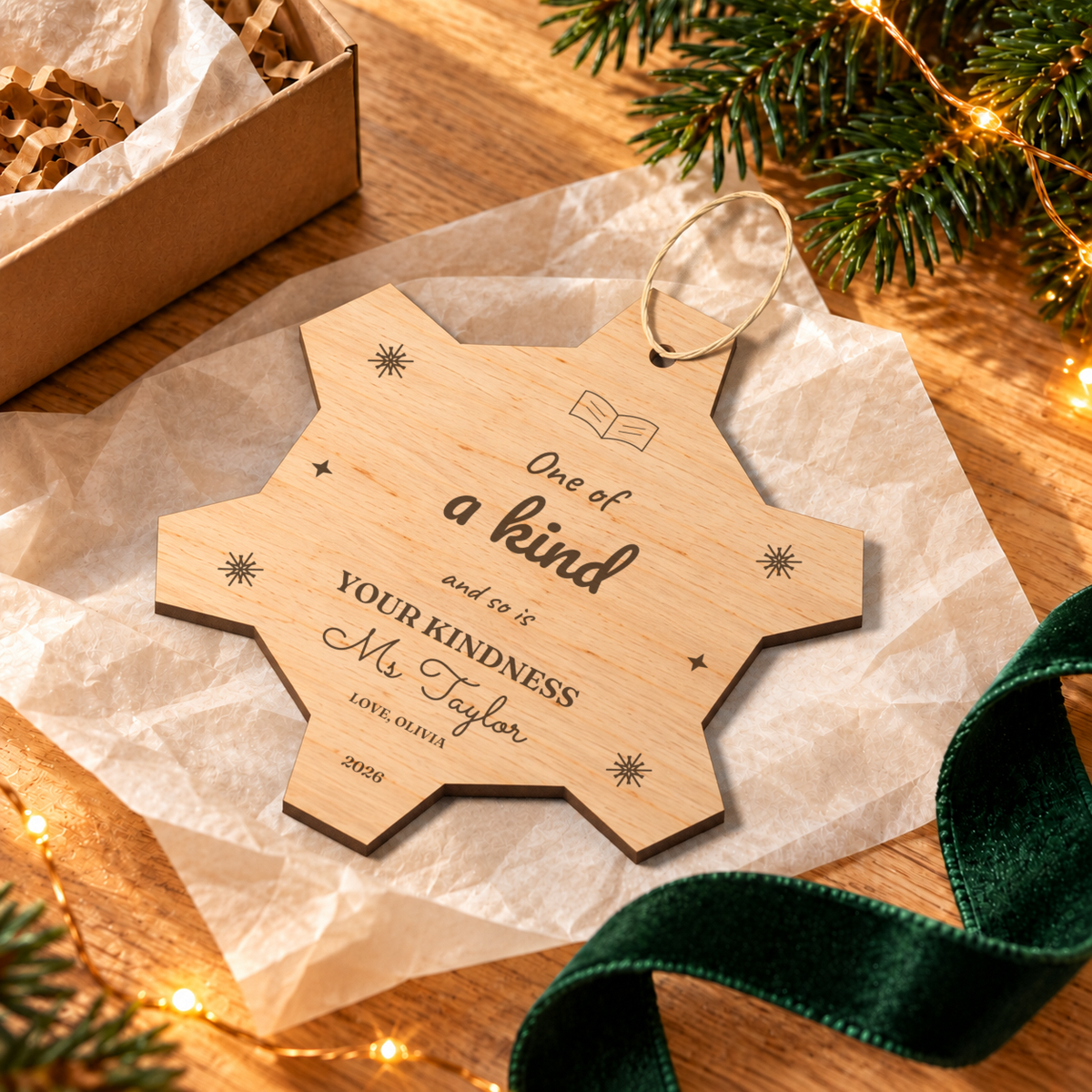 Digital lifestyle visualisation of the One of a Kind wooden teacher Christmas ornament, showing the original design with example personalisation; seasonal props not included.