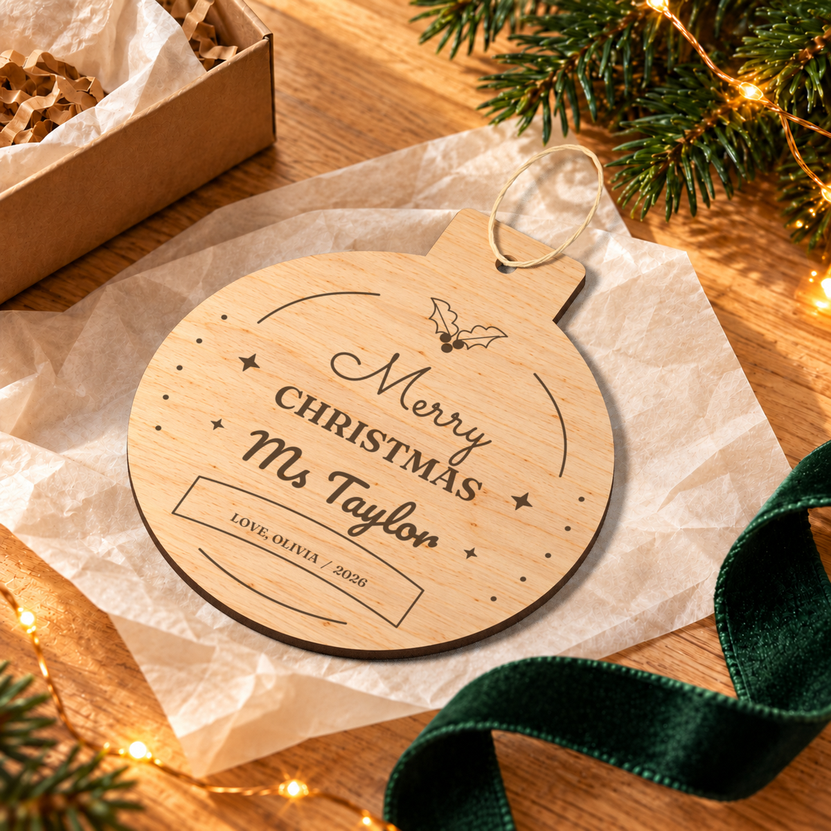 Digital lifestyle visualisation of the A Very Merry Thank-you wooden teacher Christmas ornament, showing the original design with example personalisation; seasonal props not included.