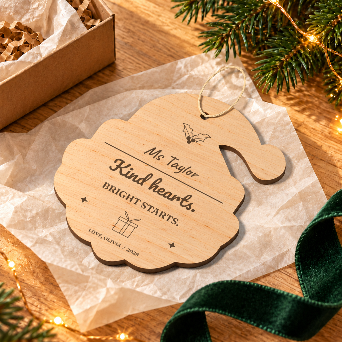 Digital lifestyle visualisation of the Kind Hearts, Bright Starts wooden teacher Christmas ornament, showing the original design with example personalisation; seasonal props not included.