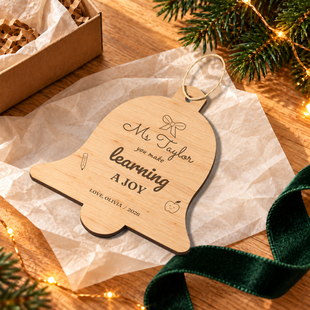 Digital lifestyle visualisation of the The Joy of Learning wooden teacher Christmas ornament, showing the original design with example personalisation; seasonal props not included.